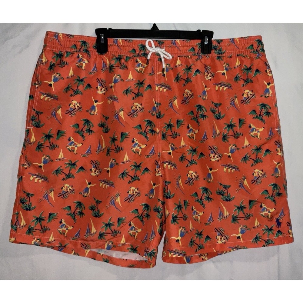 NWT Men's Polo Ralph Lauren Orange‎ Tropical Print Lined Swim Trunks 3XLT Tall